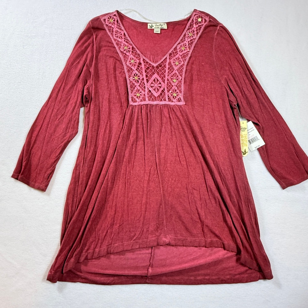 NEW Unity World Wear Tunic Top Women XL Red Crochet Lace Beaded Boho Gypsy Flowy